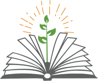 The library's logo features an illustration of a green, leafy plant growing up from an open book.